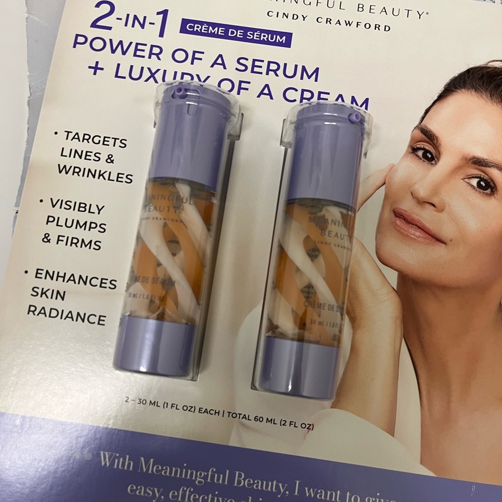 NEW MEANINGFUL BEAUTY  CINDY CRAWFORD 2 in 1 Crème De Serum 2 PK, 1 Fl Oz Each